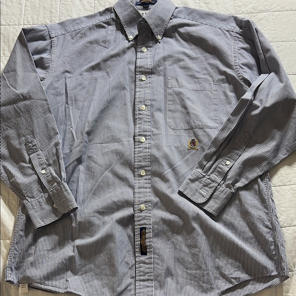 Tommy Hilfiger Men's Blue Striped Button Down Shirt VTG 100% cotton sz 15 1/2 33